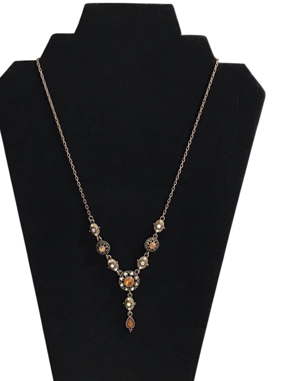 Amber Crystal Y Pendant Necklace Signed Gold Tone Fashion Jewelry